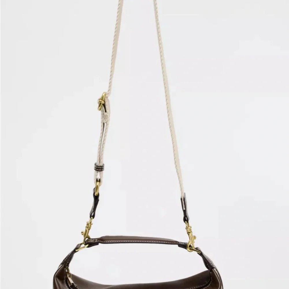Elegant Brown Leather Handbag - Zara side stripe bag , cross body or clutch - Picture 3 of 14